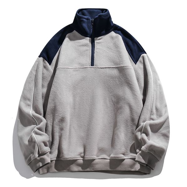 

mens hoodies sweatshirts autumn polar fleece contrast for men streetwear patchwork zipper half open pullover sweat shirt male clothing 23073, Black