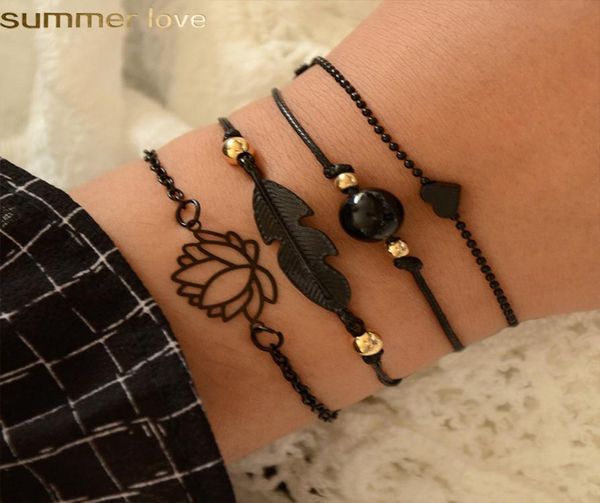 

4pcsset bohemian lotus bracelets set summer design black feather lotus heart charm bracelets for women girls jewelry6245166