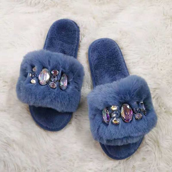 

slippers women's fur slides for home fashion rhinestones winter warm plush ladies slippers indoor ladies cotton shoes furry flip flops, Black
