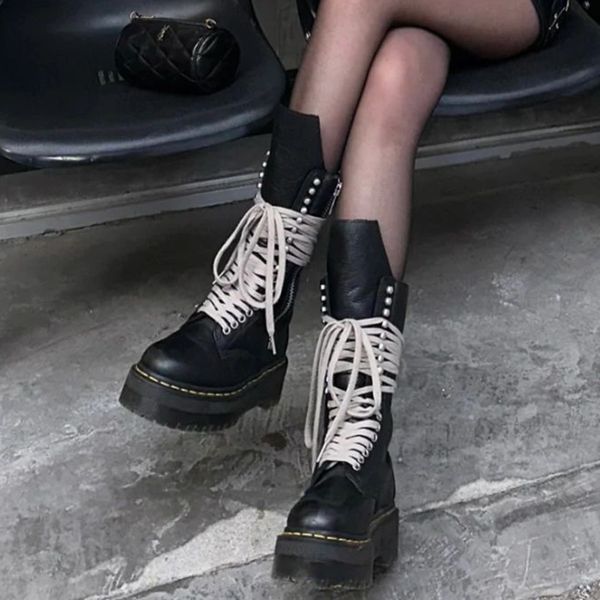 

platform heel boots doc martens fashion designer womens muffin thick sole closed toe shoes ankle zipper lace up booties motorcycle combat qu, Black