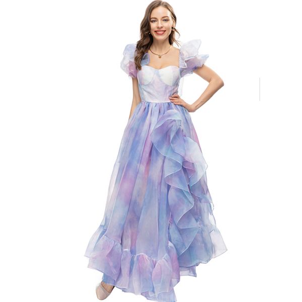 

women's runway dresses o neck sweetheart neckline ruffles printed elegant fashion party prom gown, Black