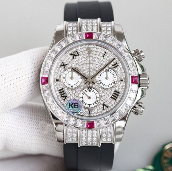 

high-end diamond watches man watch men ice out wristwatch for mens luminous sapphire diamonds bezel rubber strap green box arabic dial water, Slivery;brown