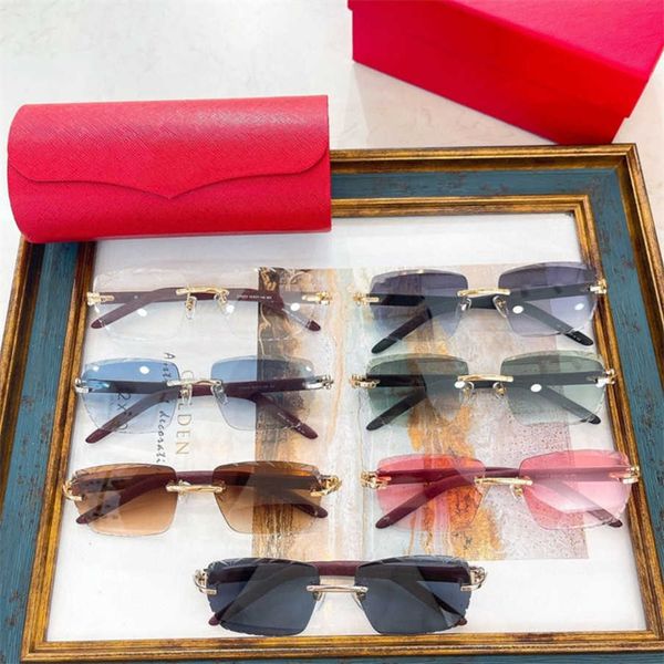

2023 new luxury designer new ct family men's and women's box wooden leg fashion trend personality frameless sunglasses ct0013, White;black