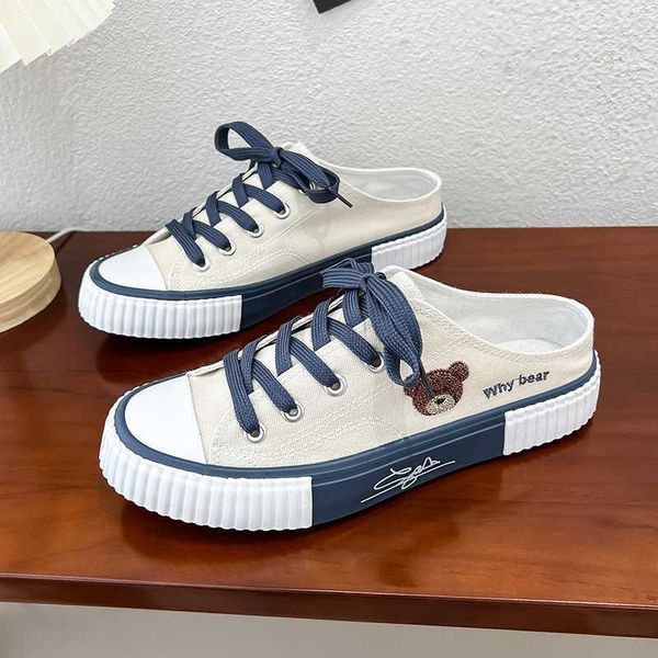 

slippers spring women cute bear canvas shoes new flat casual all-match half slippers korean version trend lace up ladies vulcanized shoes, Black