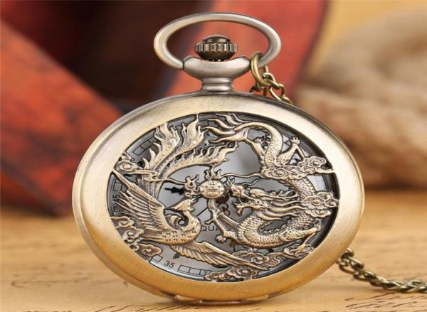 

retro hollow dragon phoenix design men women quartz pocket watch necklace chain fashion cool clock children gift reloj1574030, Slivery;golden