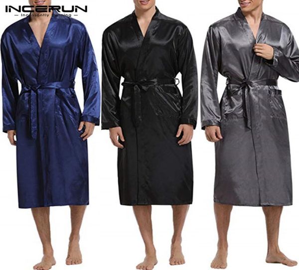 

incerun mens silk satin robes pajamas long sleeve solid sleepwear kimono male bathrobe leisure men loungewear dressing gown 2019 t9152721, Black;brown