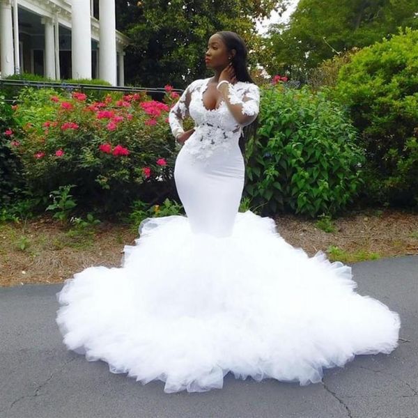 

plus size african mermaid wedding dresses 3d lace appliques tiered ruffles wedding dress long sleeves bridal gowns vestidos de nov245e, White