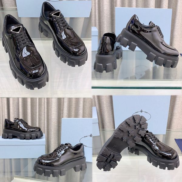 

monolith brushed leather lace up shoes 1e255 black leather lining enameled metal triangle logo rubber sole womens designer loafers patent le