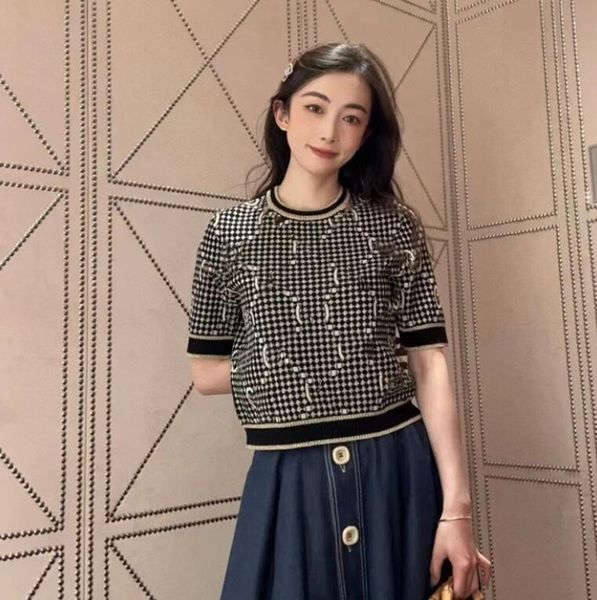 

new women's ggity plaid jacquard knits short sleeve sweater designer contrast round neck stitching full g printing knit clothing, White;black