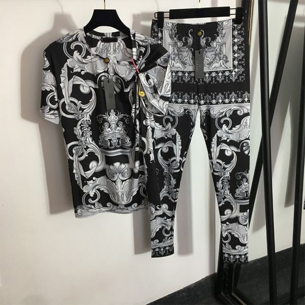 

designer women blouse trousers ice silk pullover t shirt slim fit pants printed short sleeve jacket sweatpants set, Gray