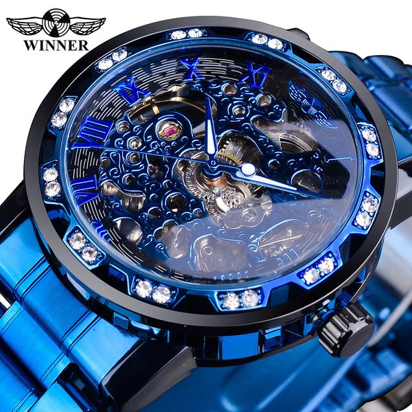 

wristwatches winner fashion watches classic clock roman analog male skeleton clocks mechanical stainless steel band luminous watch 230731, Slivery;brown