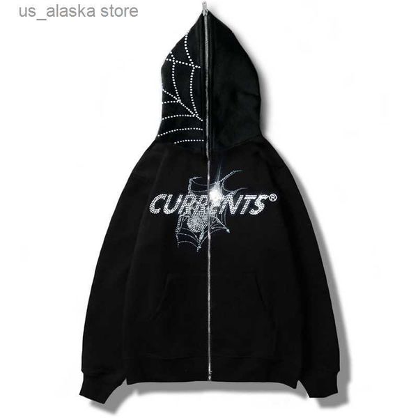 

men's hoodies sweatshirts spider diamond men zipper hoodie gothic letter graphic rhinestone punk clothes teen oversized zip up streetwe, Black