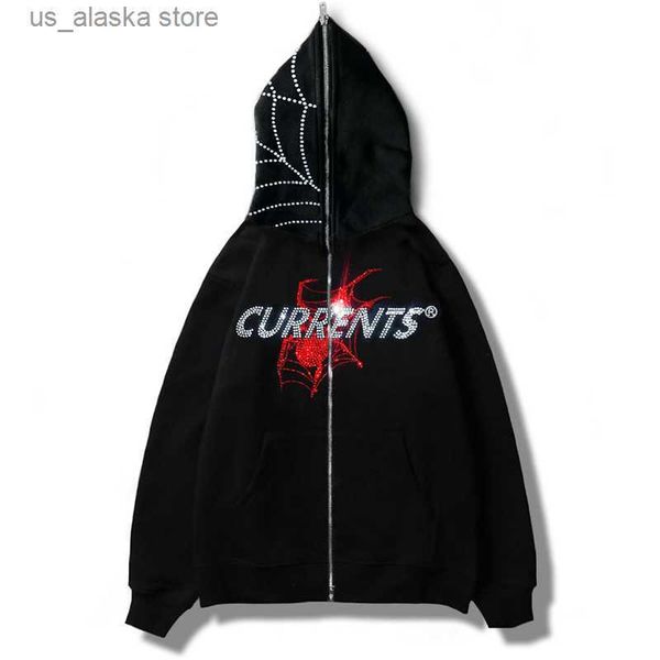 

men's hoodies sweatshirts y2k spider diamond men zipper hoodie gothic letter graphic rhinestone punk clothes teen oversized sweatshirts, Black