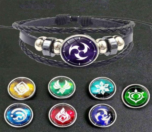 

genshin impact snap button leather bracelet game eye of god fire ice element luminous jewelry vintage multilayer weave bracelets456511753, Black
