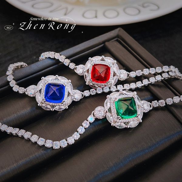 

charm bracelets luxury princess square cut lab sapphire sugar tower silver color tennis for women 17cm chain fine jewelry 230801, Golden;silver