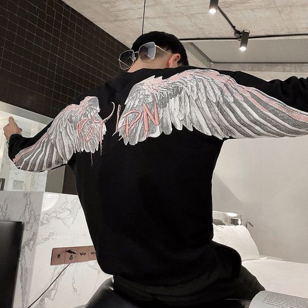 

men's hoodies sweatshirts y2k pullover harajuku hip hop sweatshirt loose long sleeved men oversized wings printed jacket cotton streetw, Black