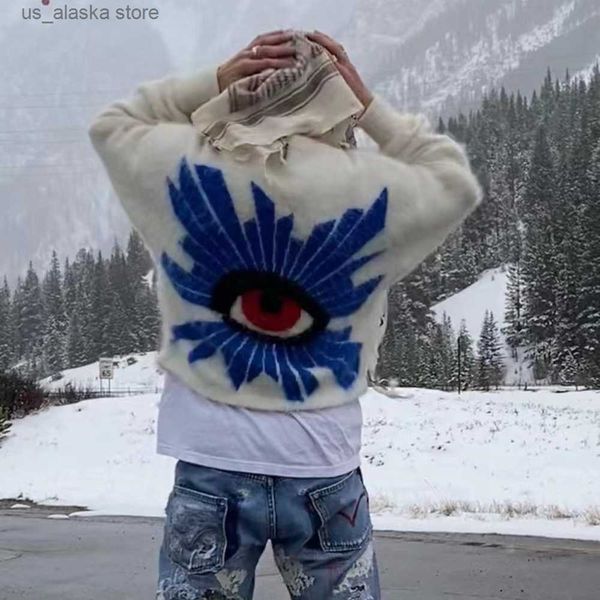 

men's sweaters blue eye of truth print pullover autumn sweater y2k baggy moletons masculinos sueter o neck ropa hombre knitted clothes, White;black