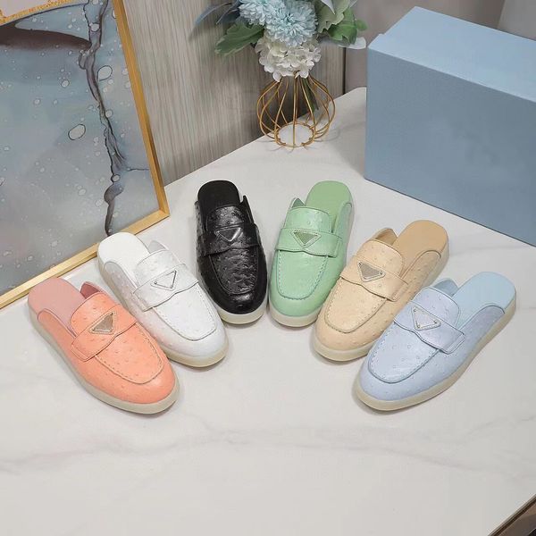 

beach slippers fashion loafers lazy flat baotou designer shoe flops leather letters lady cartoon slides women shoes metal ladies sandals lar, Black
