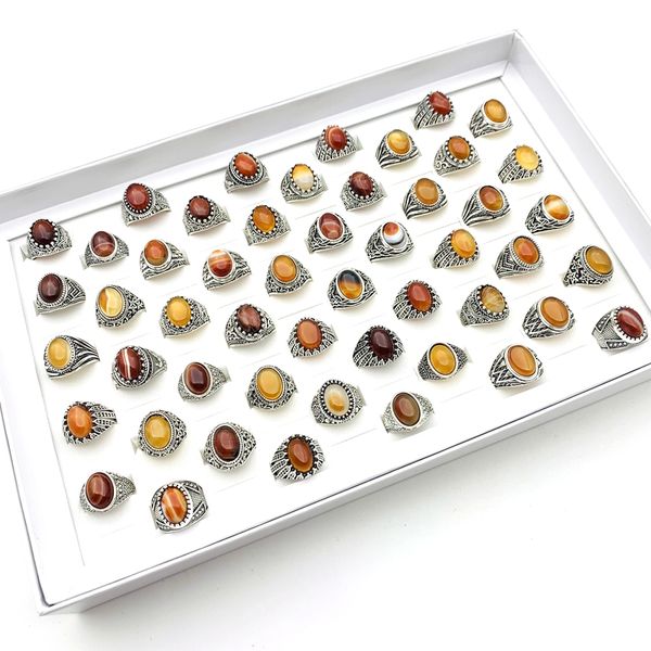 

wholesale 50pcs/box rings for men women antique silver plated natural red agate stone fashion jewelry accessories with a display box, Golden;silver