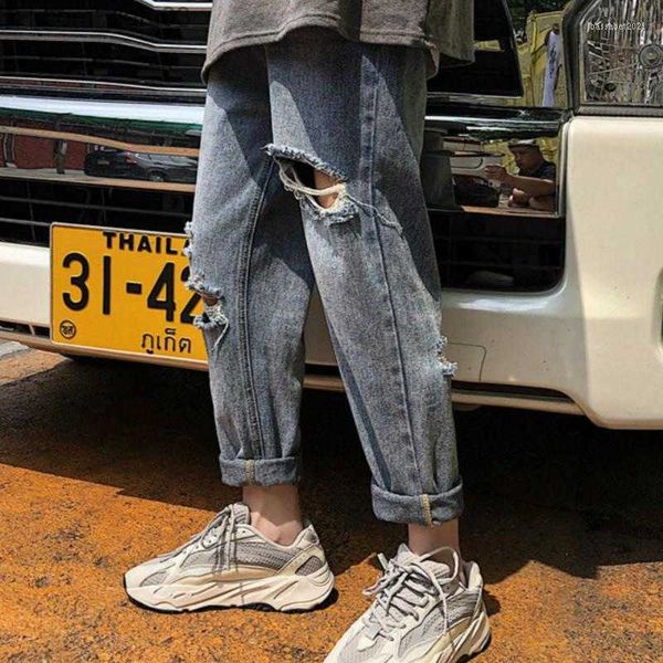 

men's jeans men's jeans ripped mens pants straight loose capri-pants korean blue casual male hiphop fashion streetwear distressed