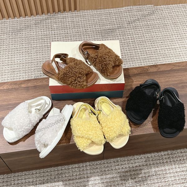 

designer slipper women slides fussbett shearling light white black brown yellow sabot sandals long calf hair leather jacquard mmules slipper