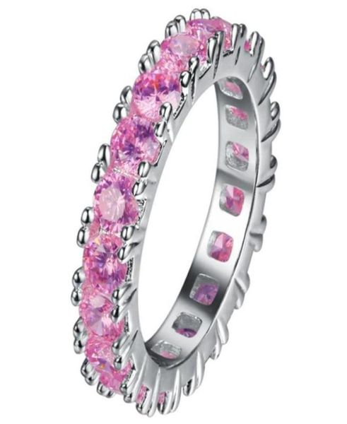 

ecalon brand jewelry 925 sterling silver ring full round 2 carat pink sapphire cz diamond engagement wedding rings for women3559422458137, Slivery;golden