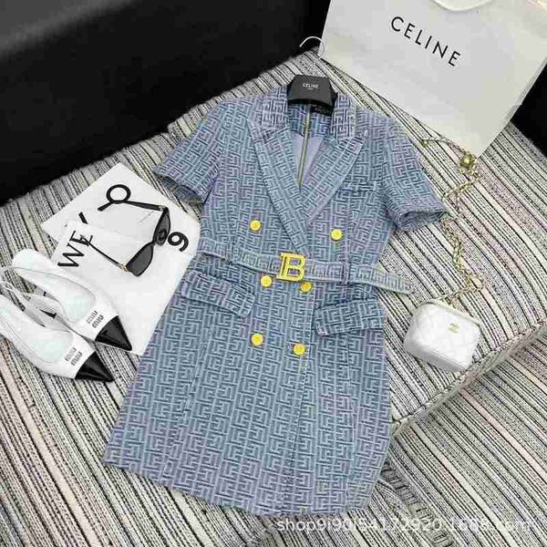 

basic & casual dresses designer 23 summer new all over jacquard denim short sleeve suit dress with metal buckle fashion style 6lq2, Black;gray