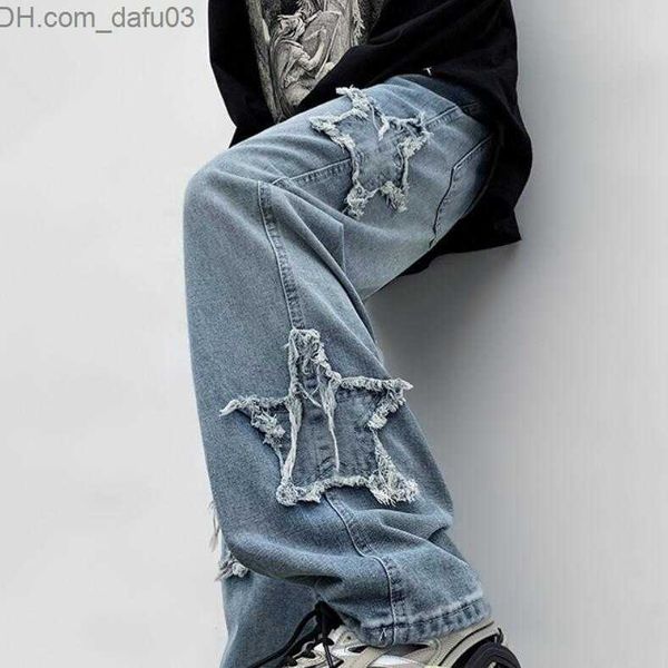 

men's jeans high street men's jeans fashion towel embroidery brown baggy men pants y2k clothes straight hip hop cotton trousers z2, Blue
