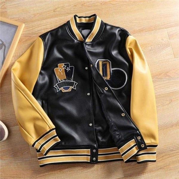 

designer jacket brand coat autumn new men's leather splicing american baseball uniform pilot jacket, Black;brown