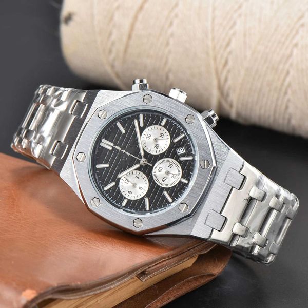

three eyes and six needles full function timing quartz fashion men's steel band watch trendy, Slivery;black