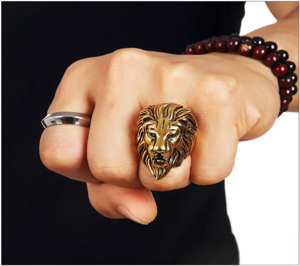 

stainless steel lion face hip hop rings for men women trendsetter joyas nightclub singer punk finger jewelry gold siz8431935, Golden;silver