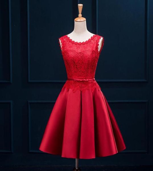 

lace satin short bridesmaid dress with scoop neck 2019 knee length party dress lace up bridesmaid dresses9492281, White;pink