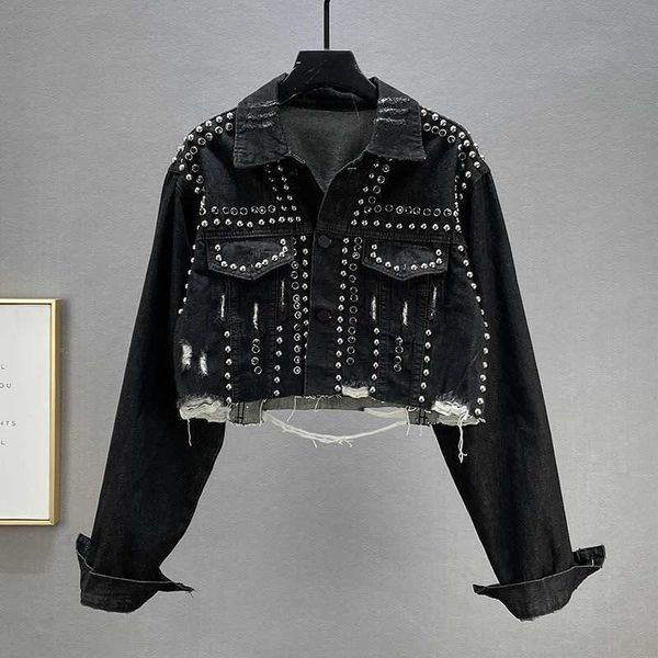 

luxury clothing women denim jackets classic metal buckle denim coat designer jacket high version clothing womens rivet punk style coats, Black;brown