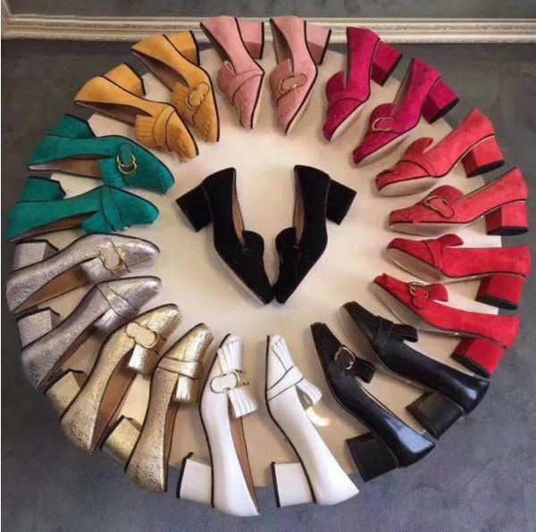 

boat shoe designer shoes high heels women dress shoes classic mid heeled womens leather thick heel round head metal button 100% leather tass, Black