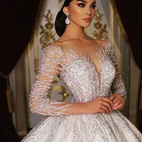

exquisite deep v-neck ball gown royal wedding dresses long sleeve robe de mariee lace beaded princess glitter vestido de novia, White