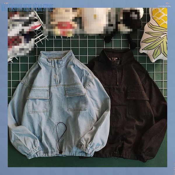 

popular new model men's jackets autumn retro denim jacket stand collar pullover loose cotton outerwear all-matching casual coats for me, Black;brown