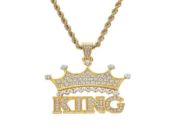 

fashioncrown king diamonds pendant necklaces for men women luxury letters pendants alloy rhinestone chain necklace gold silver je6477763