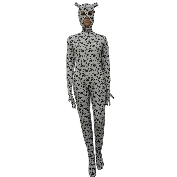 

halloween cosplay costume animal white black spots dog tights jumpsuit full bodysuit zentai suits fancy removable hood