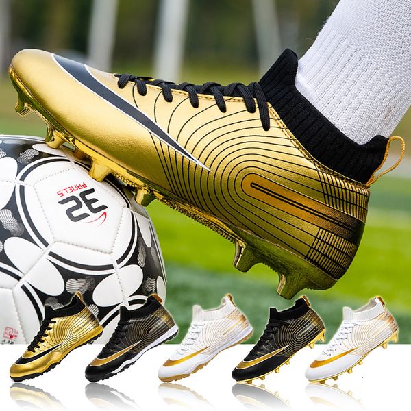 

athletic outdoor luxury gold soccer shoes man long spikes football boots kids outdoor grass cleats turf football shoes boys training soccer, Black