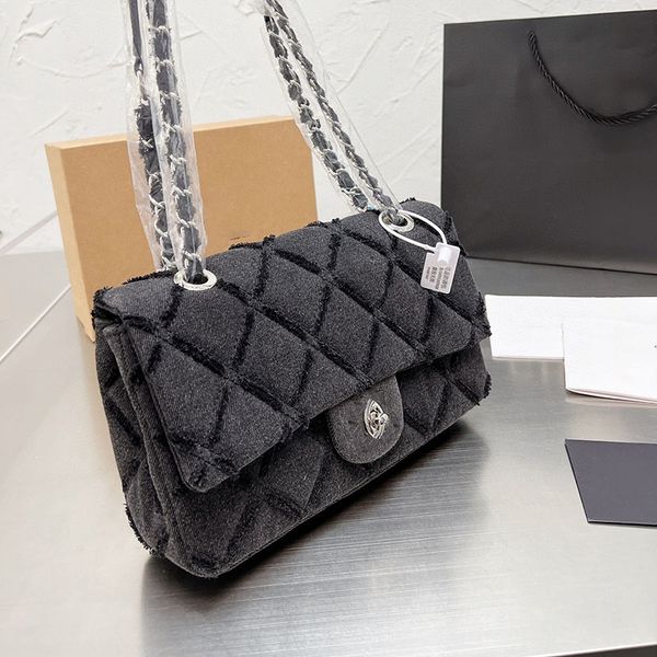 

new color channel denim blue cc designer bag fashion tote bags canvas plaid flap womens cf sheepskin with silver chain quilted handbag casua