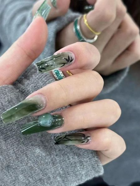 

wearing nail, handmade, customizable, wearable, finished nail, detachable, chinoiserie, chinese green snake bamboo, Red;gold