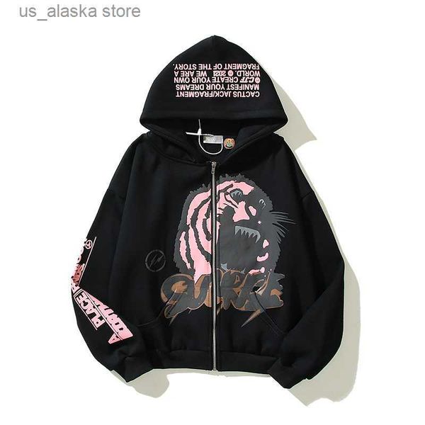 

men's hoodies sweatshirts harajuku retro letter tiger print fleece zipper hooded hoodies men and women oversized hip hop loose casual s, Black
