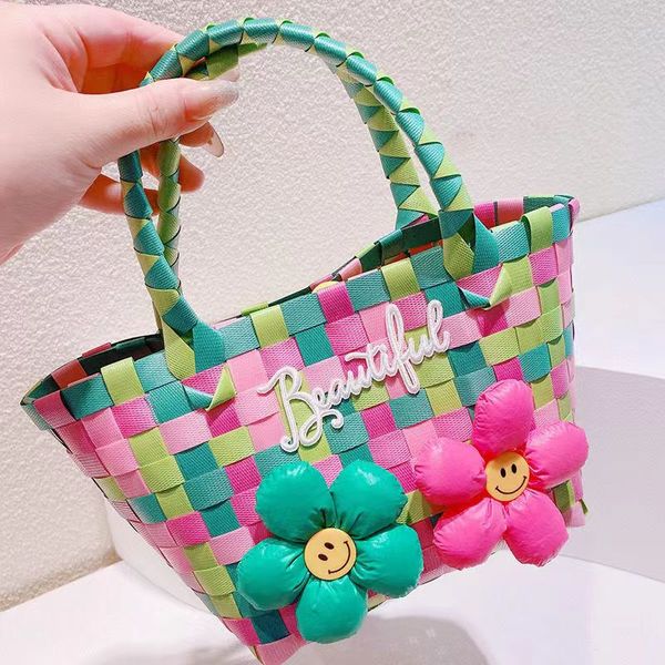 

designer bag summer beach bag new fashion classic style rainbow color ball woven cabbage basket bag parent-child style bag handbag