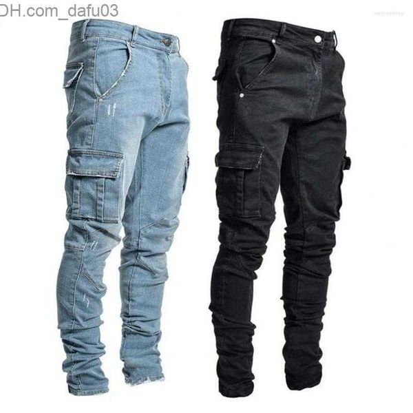 

men's jeans jeans men pants wash solid color multi pockets denim mid waist cargo jeans plus size fahsion casual trousers male daily wea, Blue