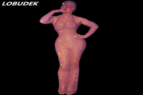 

luxury full rhines mesh transparent long dress with gloves headgear women singer models catwalk stage wear bar party prom costume5643308, Black;red