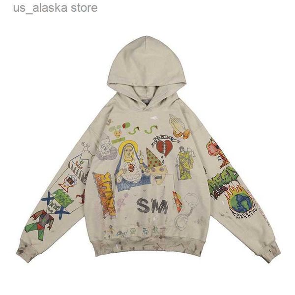 

men's hoodies sweatshirts 2022 new fashion loose solid color hand painted pattern old age graffiti hooded sweatshirt street dress sweat, Black