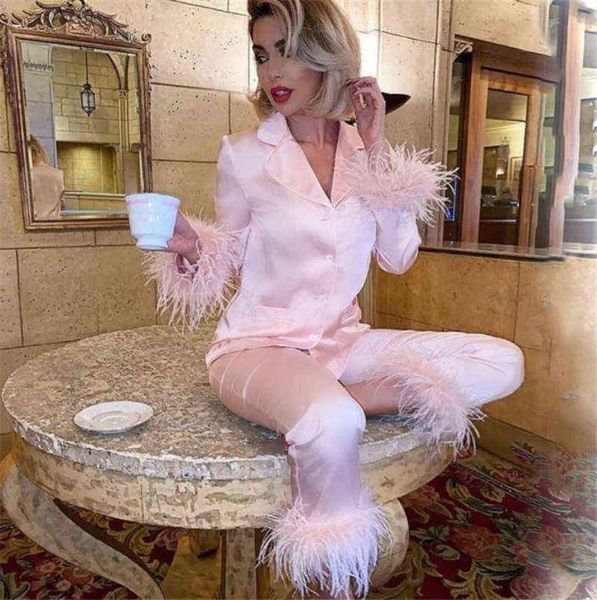 

trendy women pajamas set autumn casual lapel feather pants suits lingerie nightwear silk satin pyjamas pjs suit 2pcs x5691339, Black;red