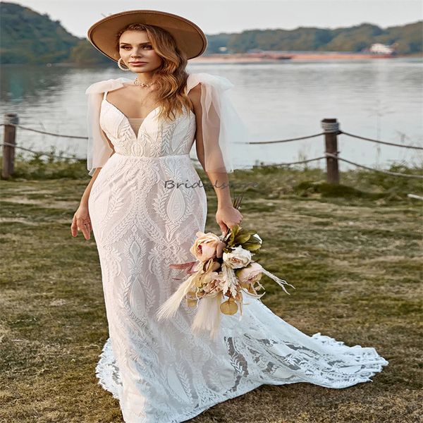 

chic crochet lace bohemian wedding dress cap sleeves mermaid beach backless bride dress 2023 civil rustic plus size bride gown robe mariee f, White