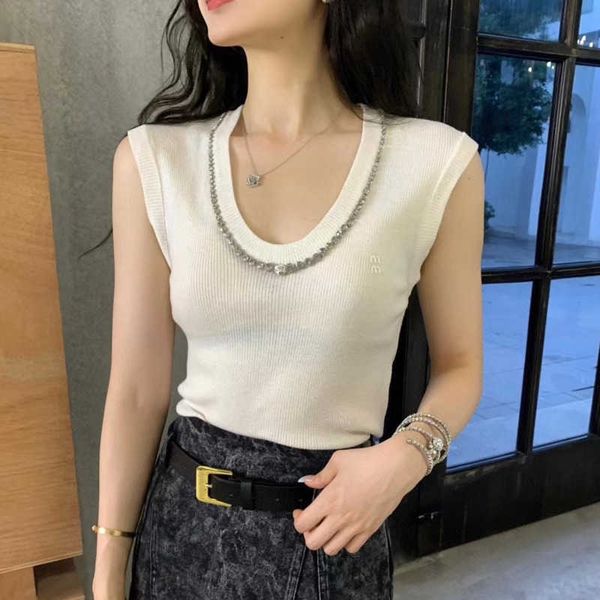 

fashion diamond u-neck knitted vest 23ss new sleeveless t-shirt designer tank elastic slim pullover women clothing, White