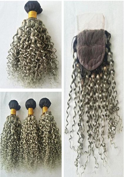 

two tone 1bgray dark root ombre human hair with closure 4pcs lot sliver grey ombre deep curly hair bundles with lace closures5475302, Black